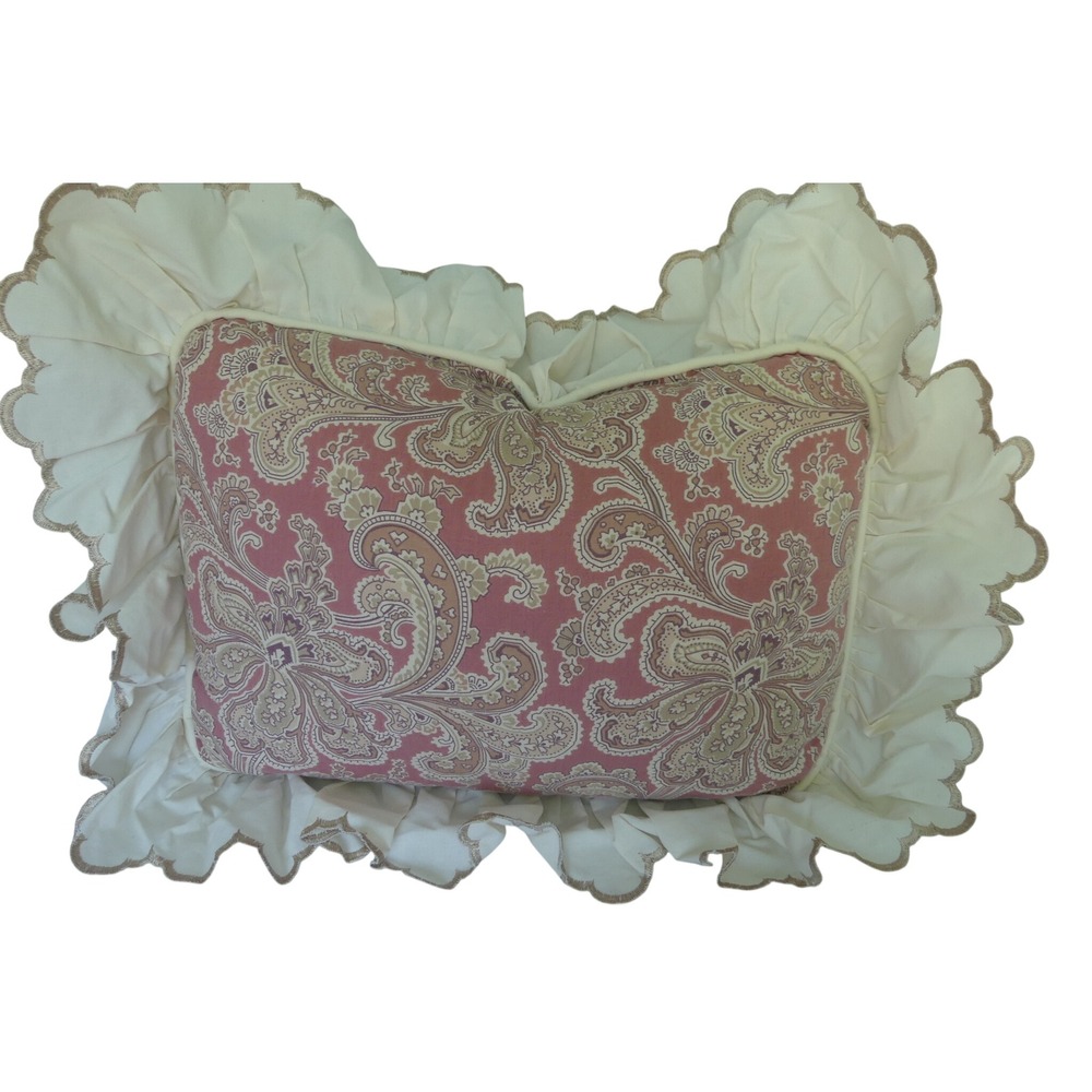 Croscill Paisley Ruffle Throw Pillow Rose Tan Scalloped Edge USA Vtg Cottagecore